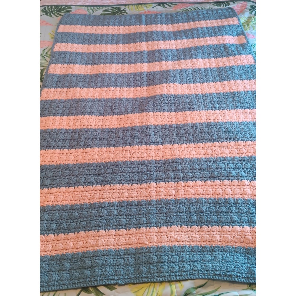 Vintage Afghan Crochet Throw Blanket 37X57  Stripe Cottagecore Grandmacore 80s